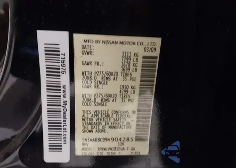 2009 Infiniti Qx56 z USA, uszkodzony, nr VIN 5N3AA08C99N904285